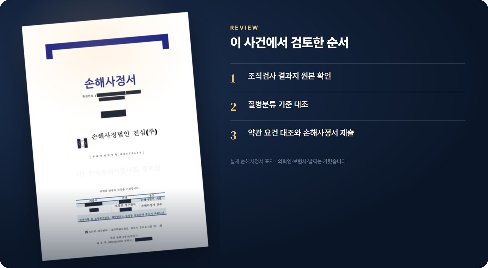 실제 손해사정서 표지(가림)와 이 사건 검토 순서