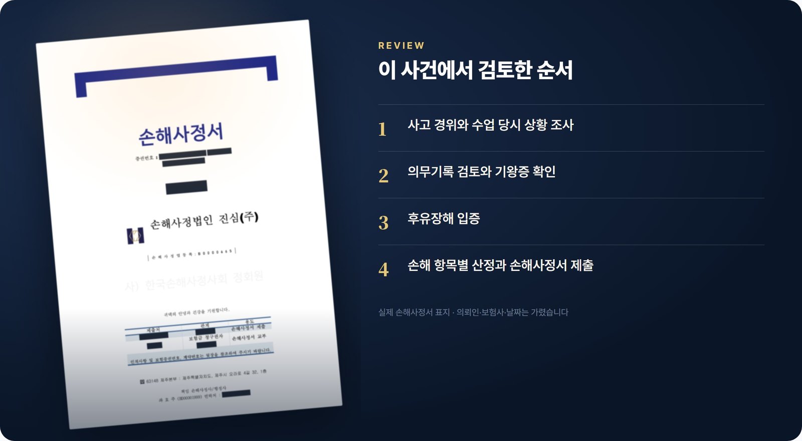실제 손해사정서 표지(가림)와 이 사건 검토 순서