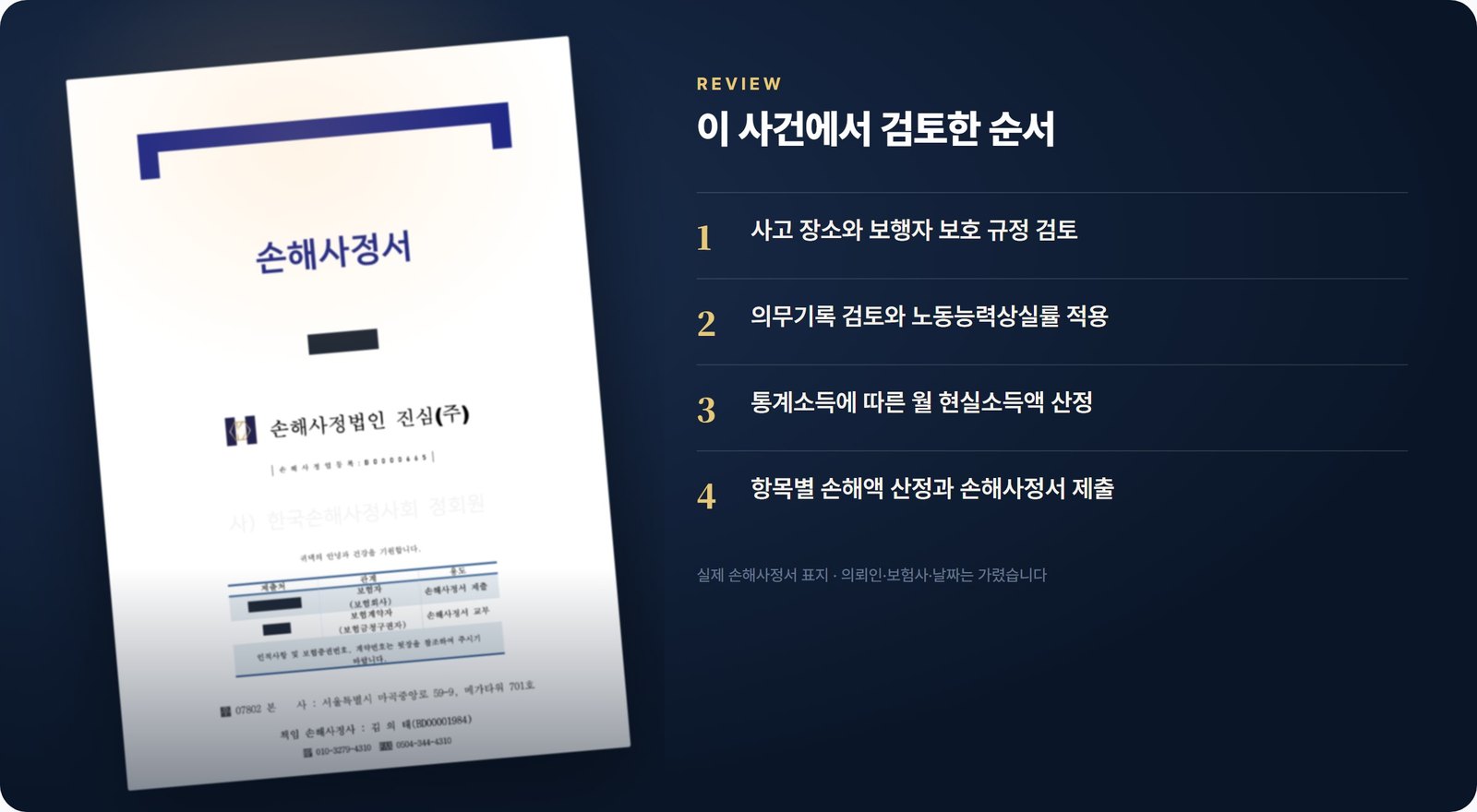 실제 손해사정서 표지(가림)와 이 사건 검토 순서
